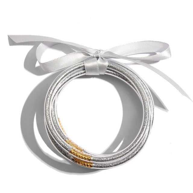 Silver Glitter Jelly Bangle Bracelet Set | 5 Pcs